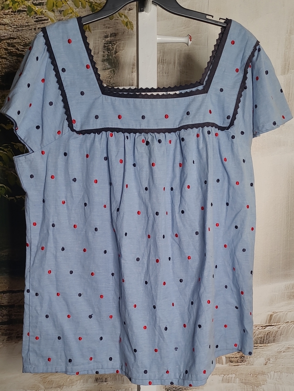 Dressbarn Womens 2X Blue Red Polka Dot Tunic Navy Lace Trim Short Sleeve Blouse